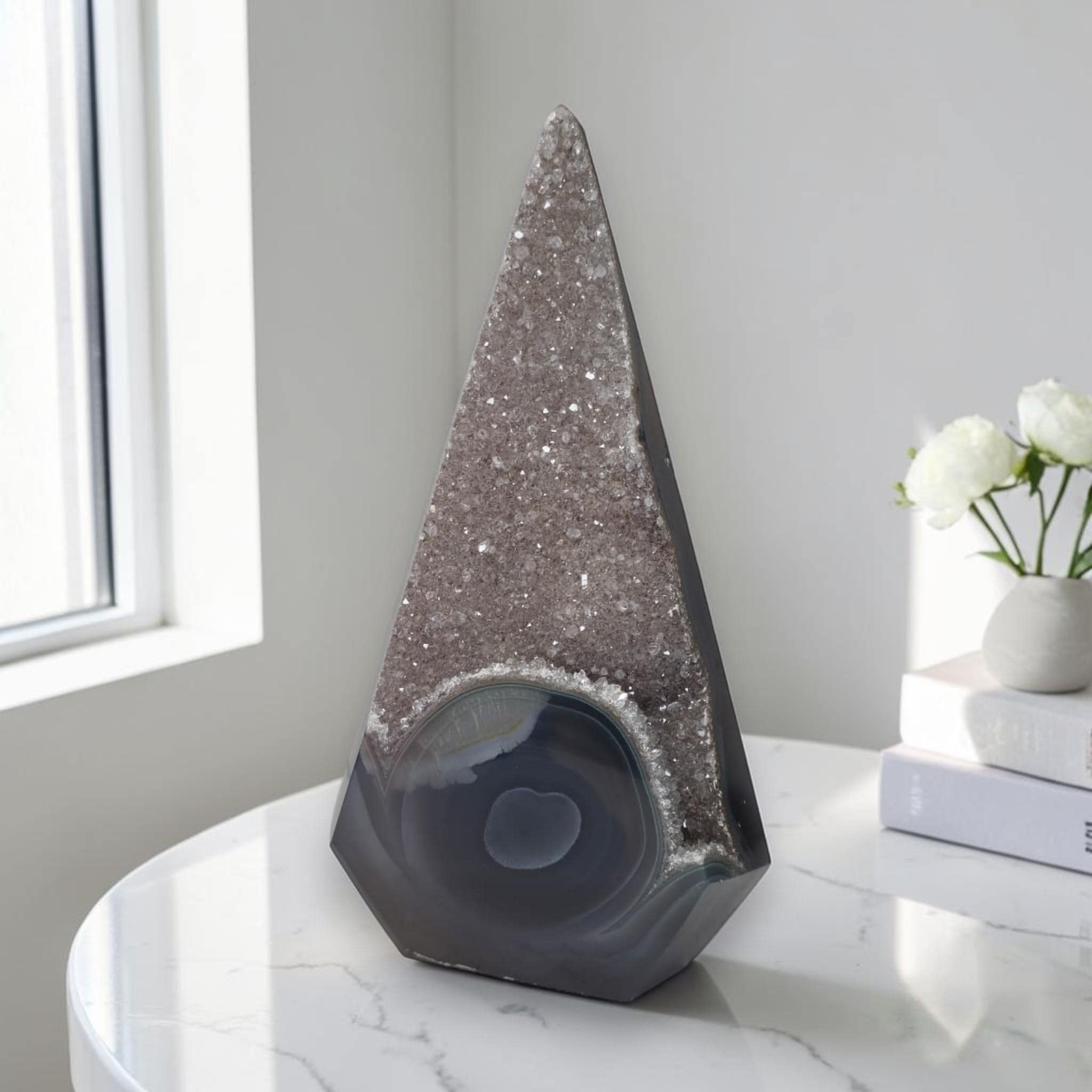 Large Druzy Agate Tower, Smoky Obelisk Crystal, Luxury Decor