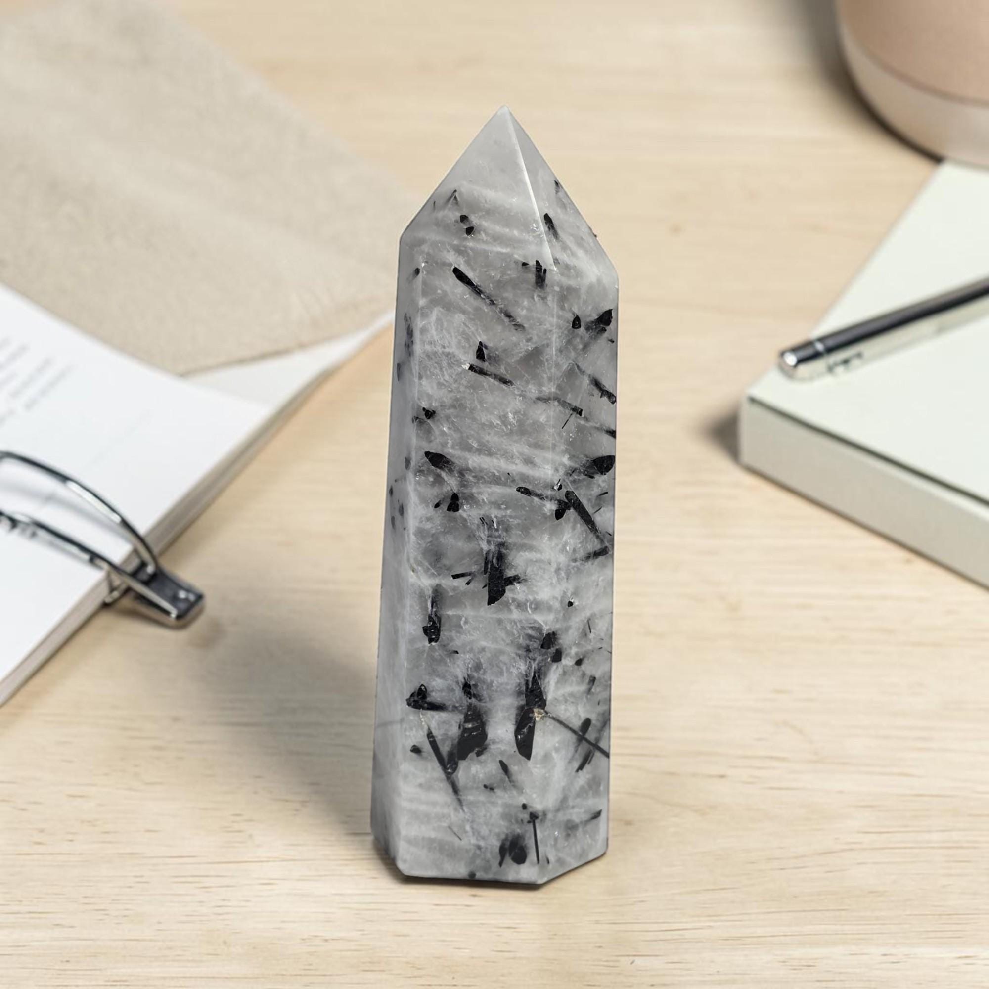 Large Tourmalinated Quartz Tower 7.5 Inch | Black Tourmaline Quartz Obelisk Generator | Protection Grounding Crystal