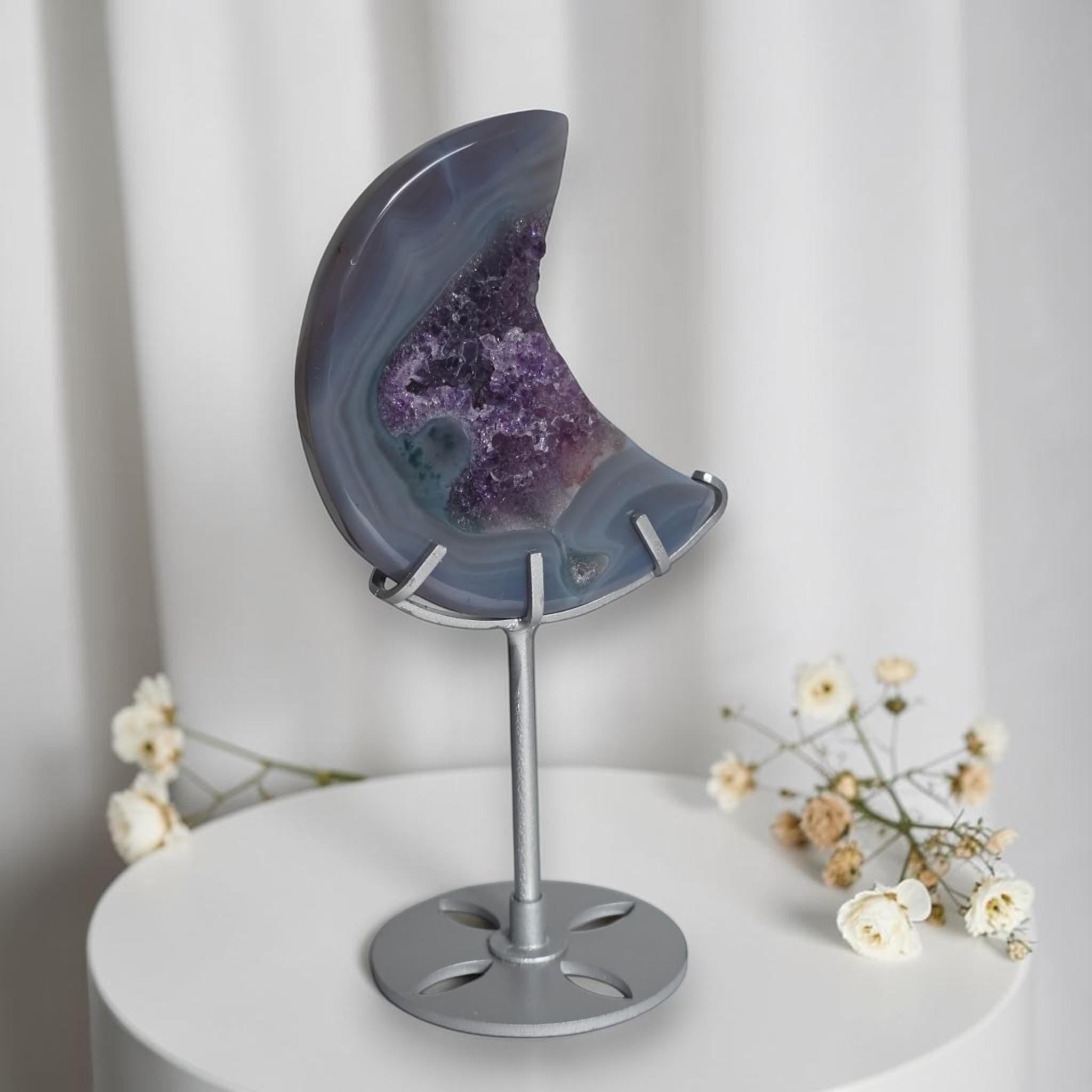 Blue Agate Moon Druzy Geode Crystal Decor
