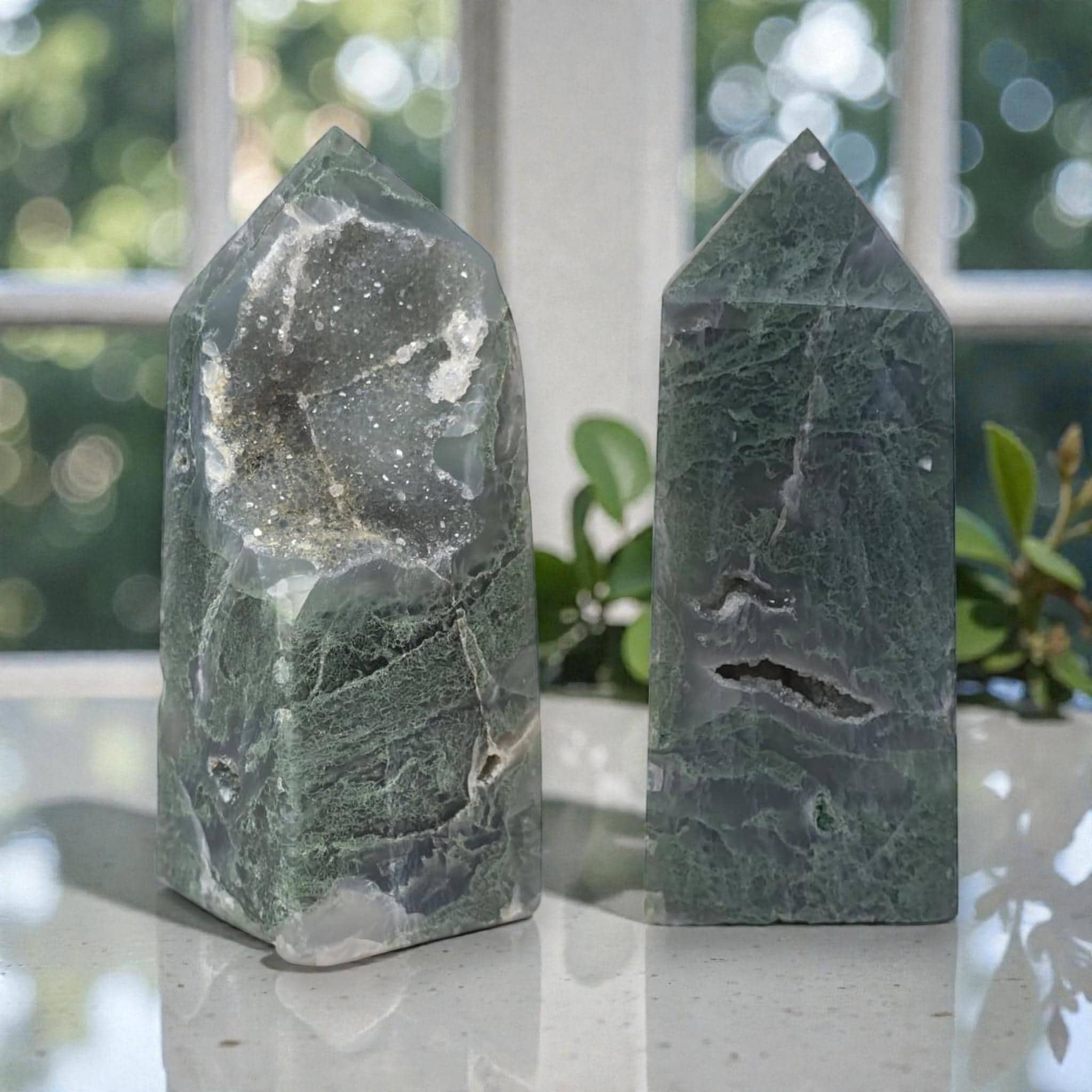 Moss Agate Tower Druzy, Healing Stone Decor Gift