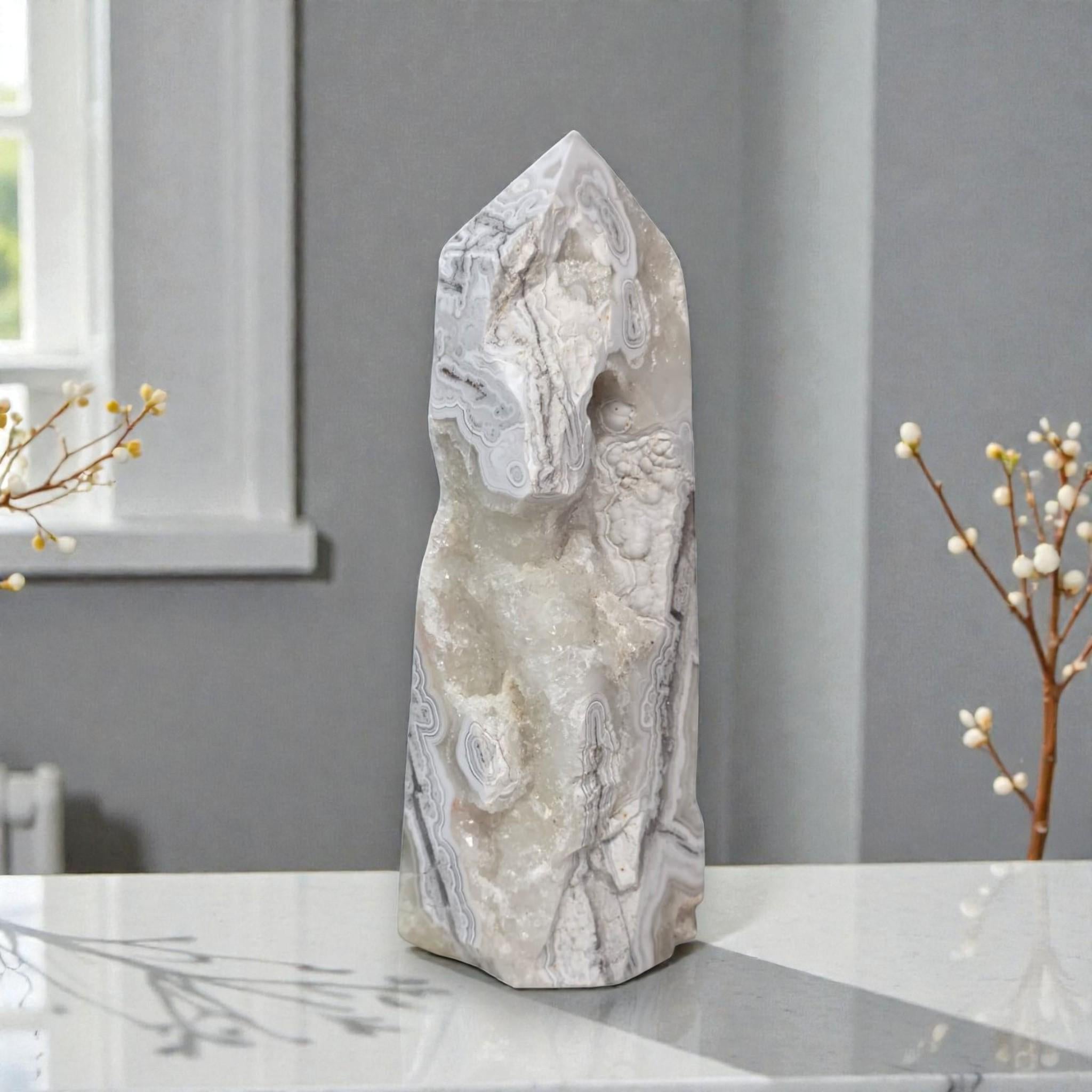 White Lace Tower, Sparkling Druzy Point, Luxury Healing Stone Decor Gift