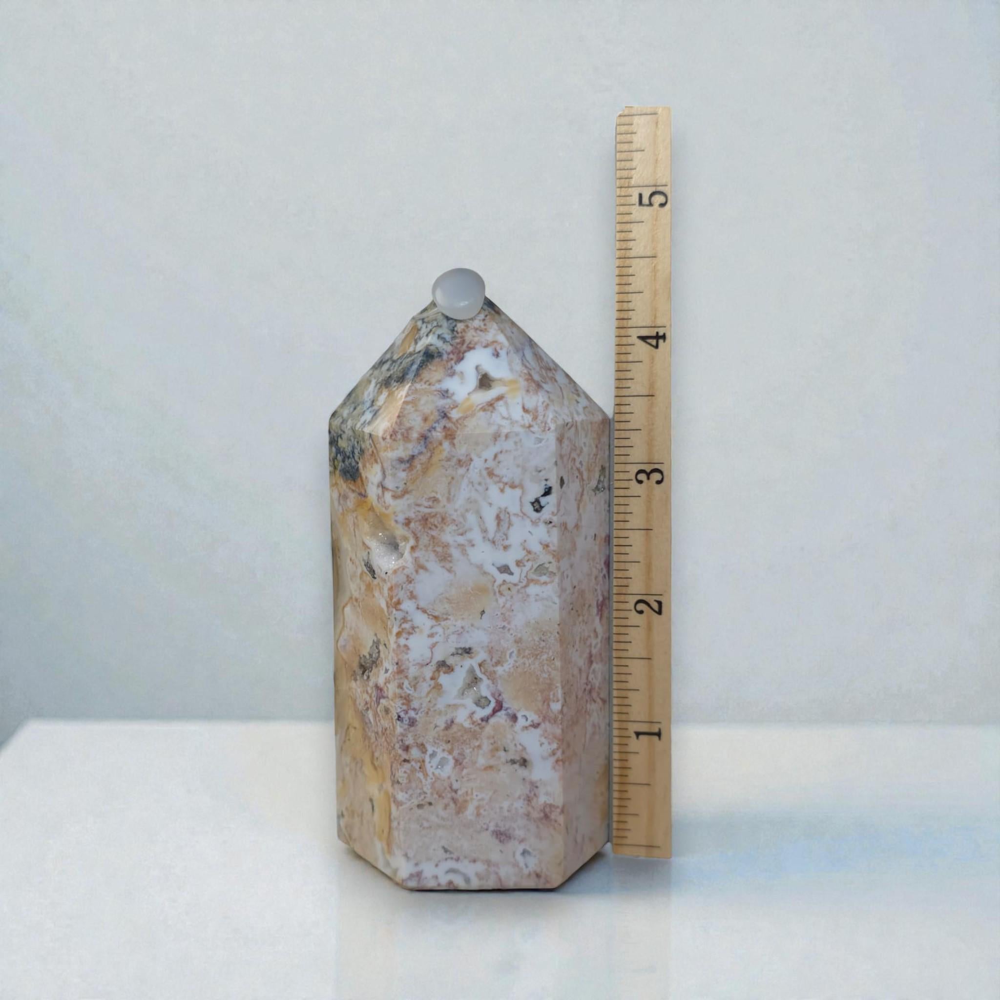 Ocean Jasper Tower, Druzy Agate Obelisk, Polished Healing Stone Decor, Madagascar Mineral Gift, Reiki