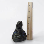 Labradorite bird carving beside wooden ruler, dark stone with blue iridescent highlights
