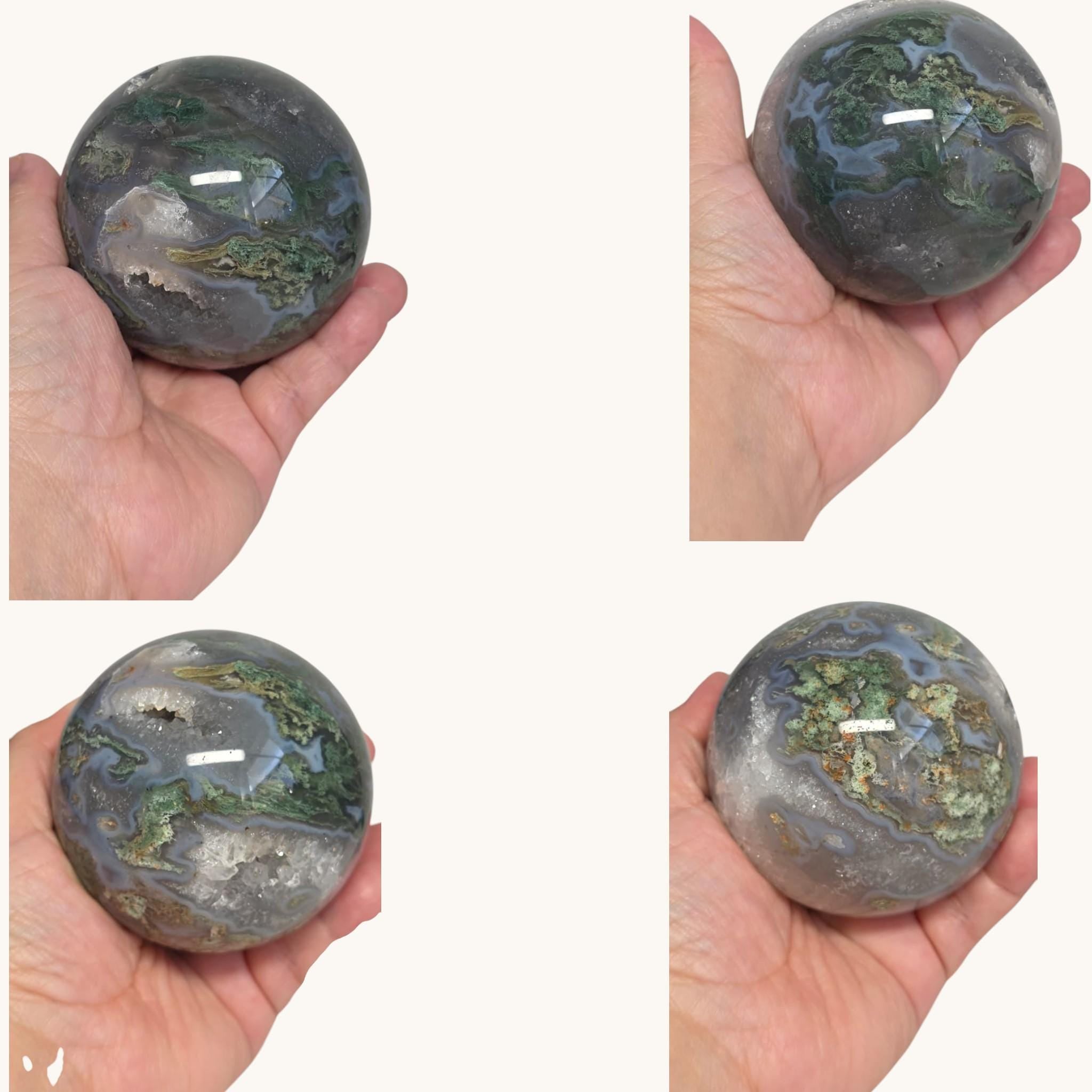 Moss Agate Geode Sphere, Druzy Crystal Orb, Luxury Collector Decor, Unique Healing Stone
