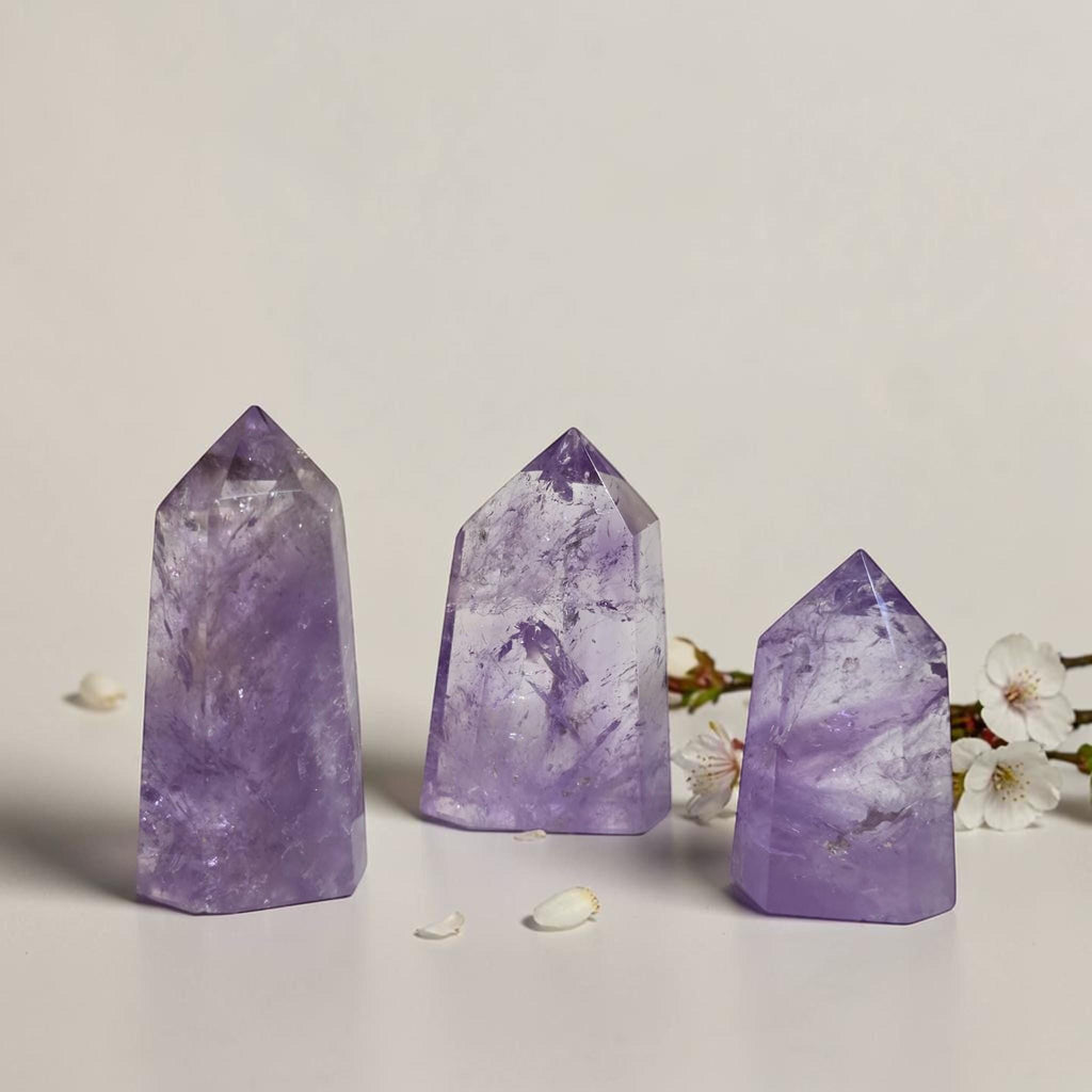 Set of three amethyst quartz point towers, varying purple tones with faceted peaks.