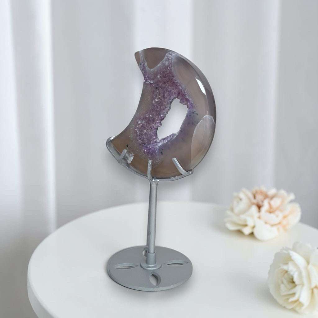Lavender drusy agate crescent moon decor with cutout on metal stand