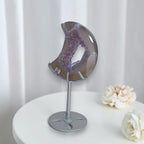 Lavender drusy agate crescent moon decor with cutout on metal stand