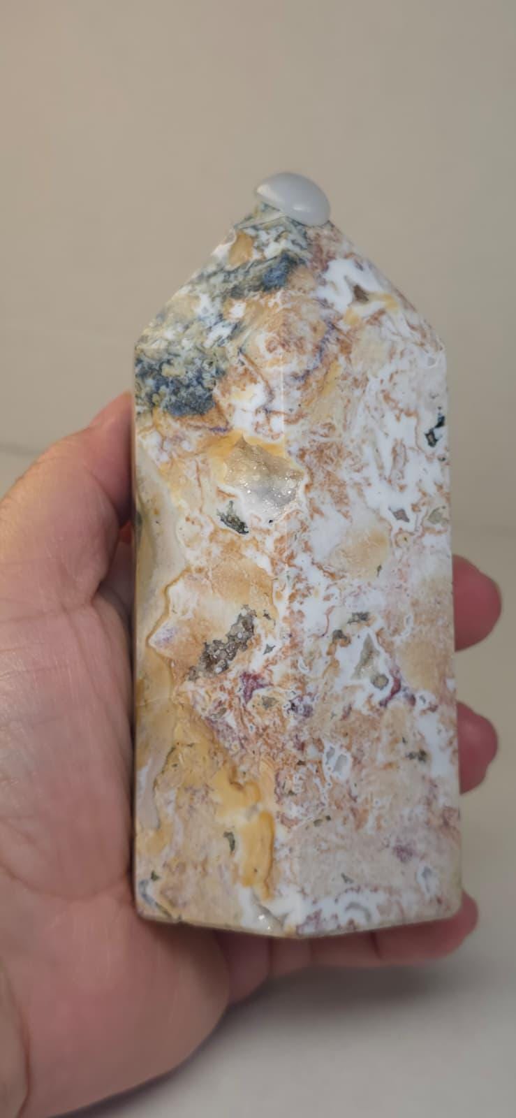 Ocean Jasper Tower, Druzy Agate Obelisk, Polished Healing Stone Decor, Madagascar Mineral Gift, Reiki