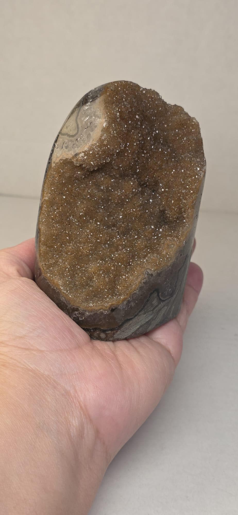 Brown Amethyst Geode with Calcite, Sparkling Druzy Quartz Freeform Mineral Specimen Decor