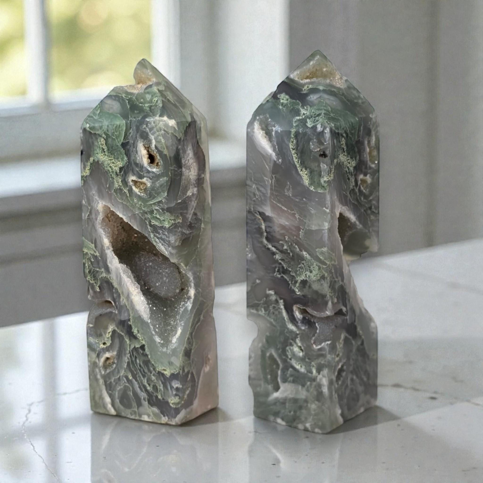 Moss Agate Tower Druzy, Healing Stone Decor Gift
