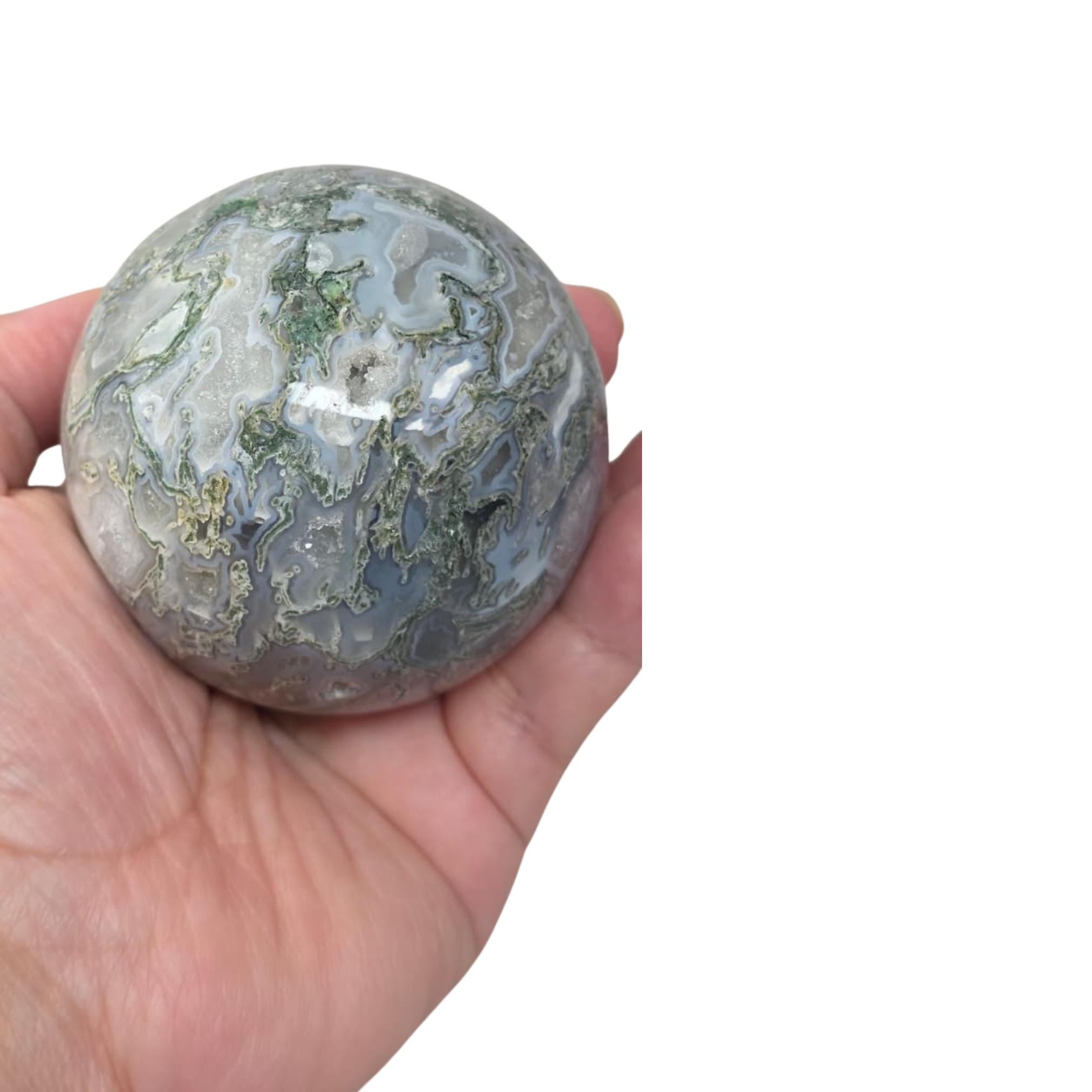 Moss Agate Sphere with Geode, Grey Quartz Decor