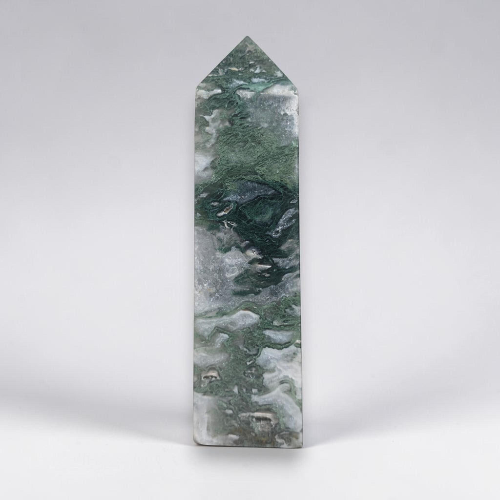 Green moss agate drusy obelisk tower crystal with cloudy white stone inclusions