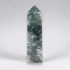 Green moss agate drusy obelisk tower crystal with cloudy white stone inclusions