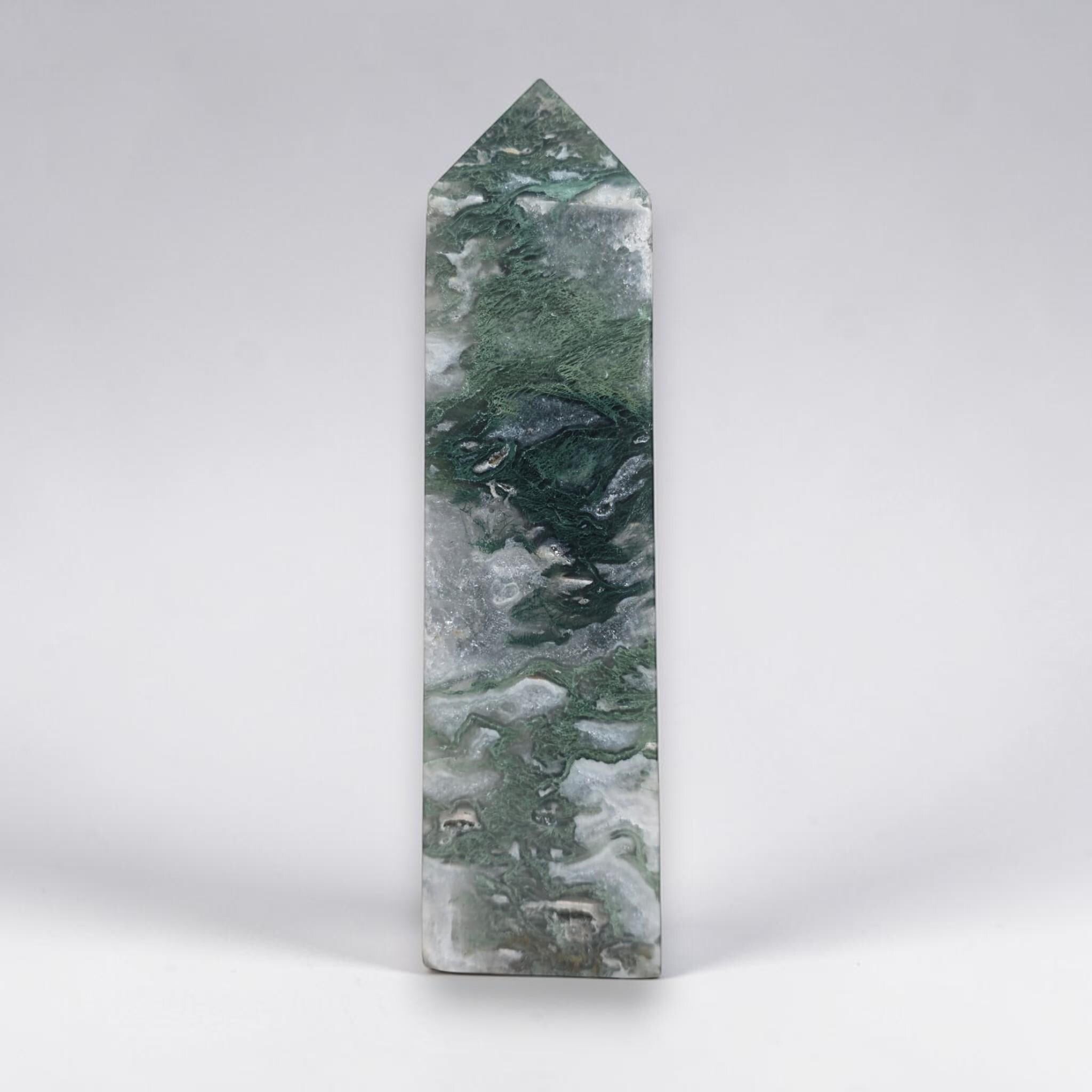 Moss Agate Druzy Tower Crystal Point Green Agate Obelisk Healing Decor