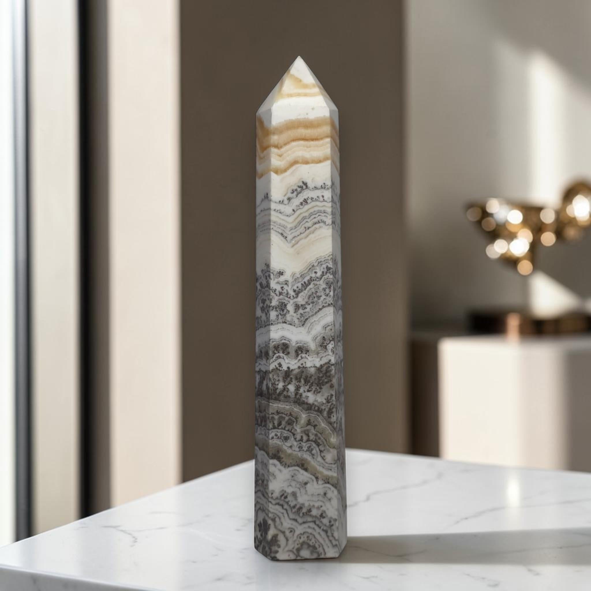 Large Banded Calcite Crystal Tower, Polished Obelisk, Natural Stone Decor