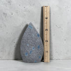 Teardrop polished stone next to measuring ruler, gray with blue spots, pointed shape