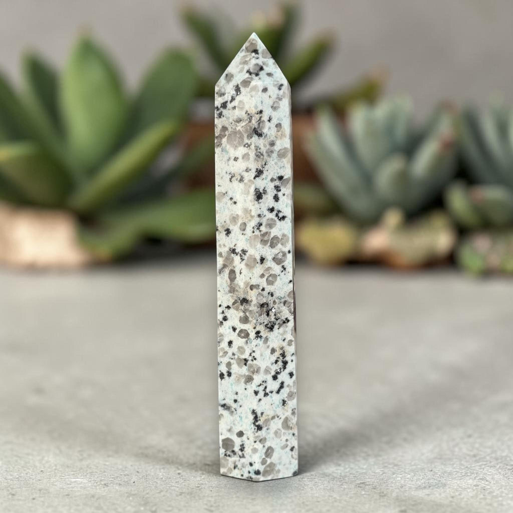 Polished speckled jasper obelisk, white with dark spots, pointed top.