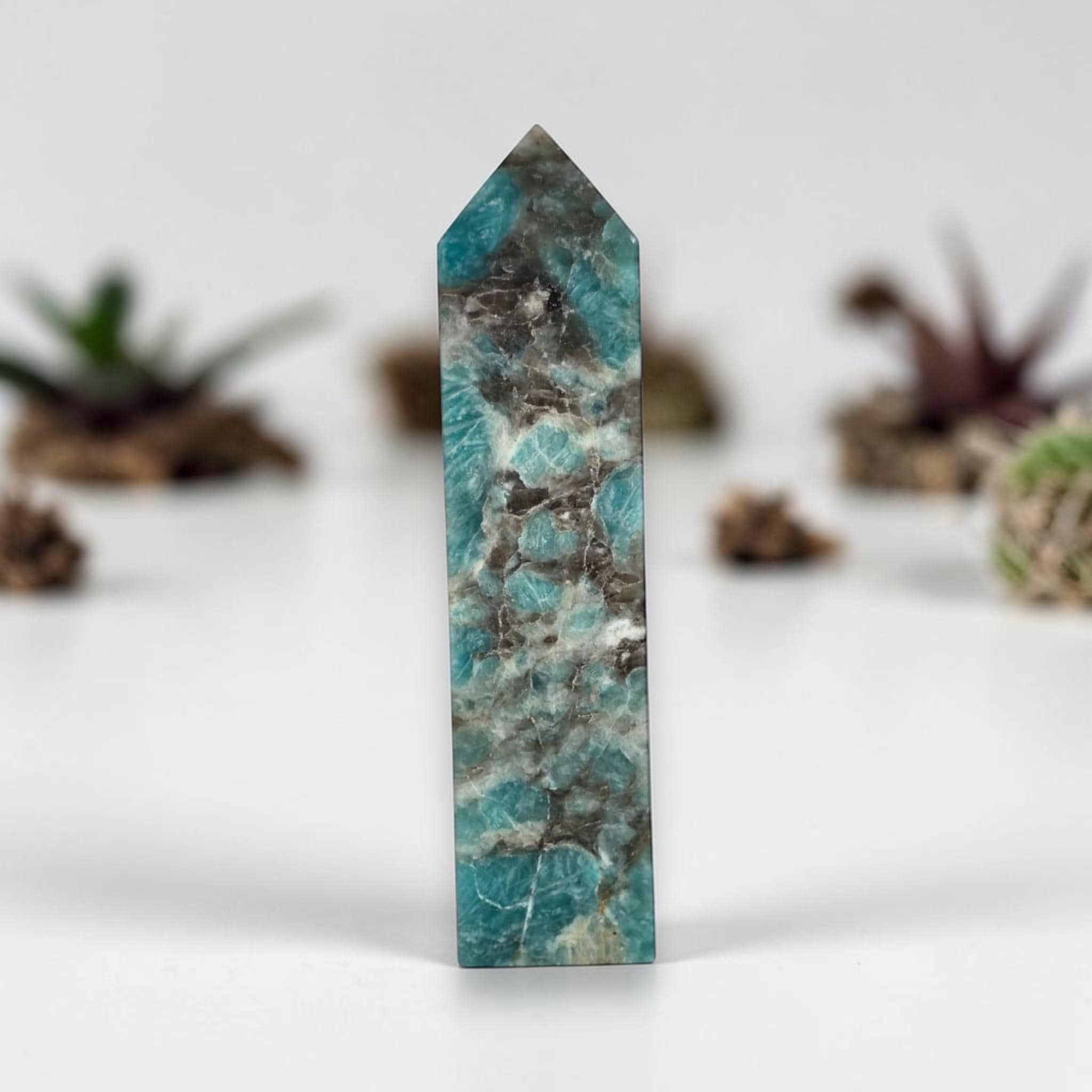 Amazonite Tower 6.9” Blue Green Obelisk Point Smoky Quartz Mineral Decor