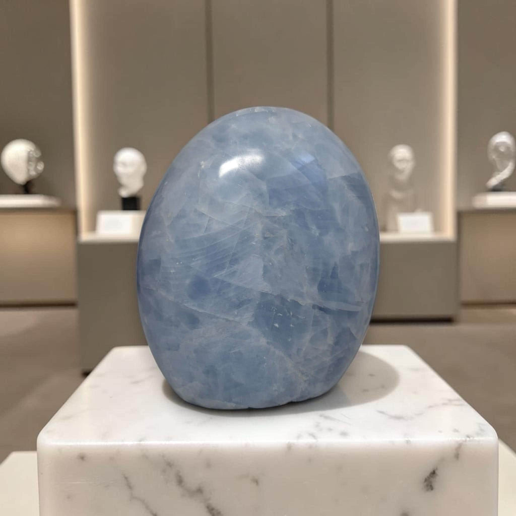 Blue calcite freeform sculpture, smooth blue oval stone with subtle striations