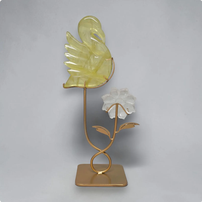 Citrine Swan & Clear Quartz Flower Crystal Set with Stand