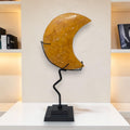 Decorative moon-shaped object on a stand in a room with shelves and books.
