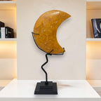 Decorative moon-shaped object on a stand in a room with shelves and books.