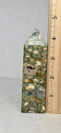 Rainforest jasper druzy tower with pale cabochon cap, green and tan mosaic pattern