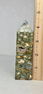 Rainforest jasper druzy tower with pale cabochon cap, green and tan mosaic pattern