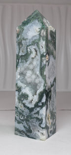 Green and white moss agate drusy tower, one-of-a-kind, close side view