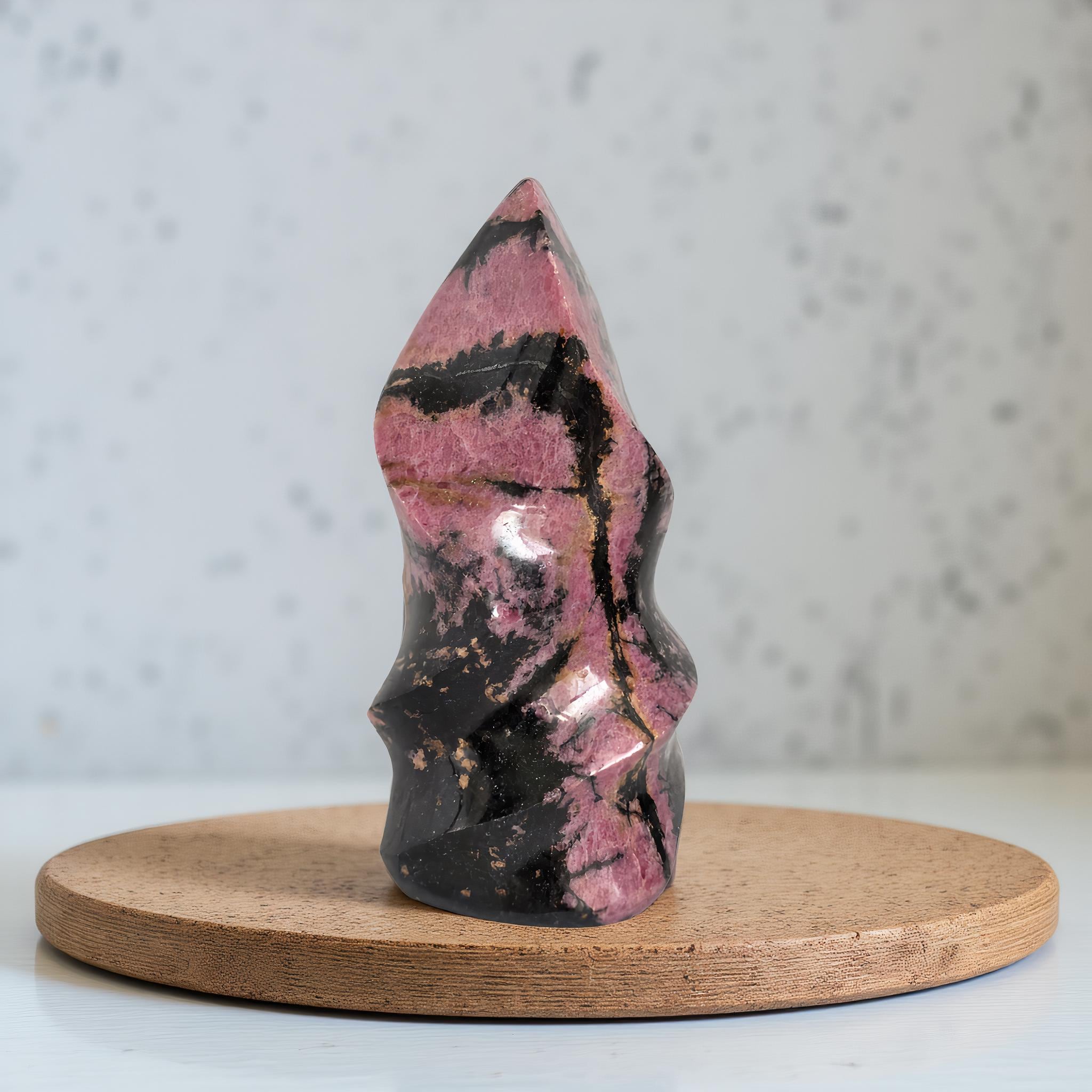Pink Rhodonite Crystal Flame Natural Stone Carving – Heart Chakra Healing Decor