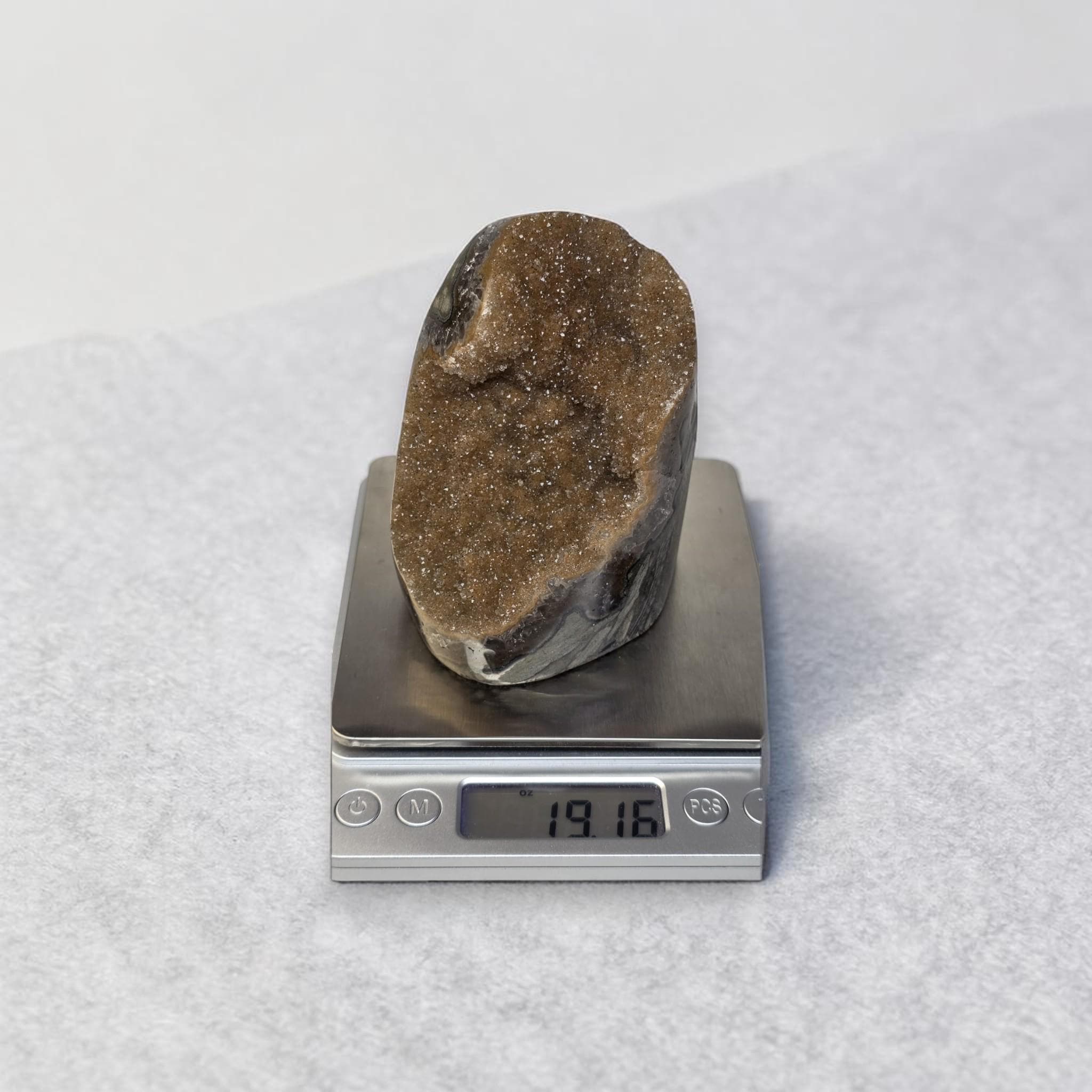 Brown Amethyst Geode with Calcite, Sparkling Druzy Quartz Freeform Mineral Specimen Decor