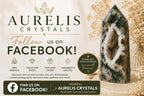 Citrine sphere promotional graphic with Aurelis Crystals logo and a tall crystal
