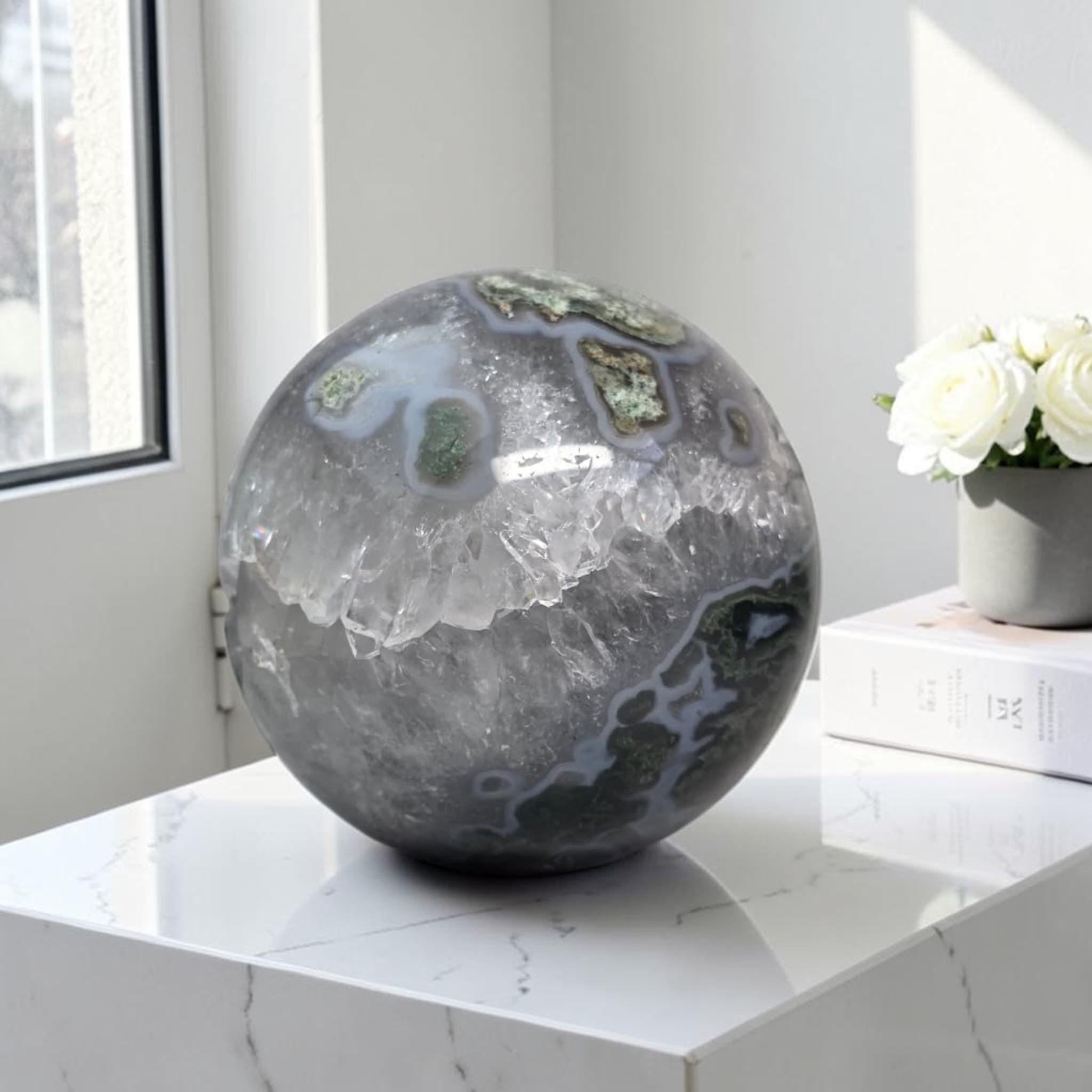 Moss Agate Geode Sphere, Druzy Crystal Orb, Luxury Collector Decor, Unique Healing Stone
