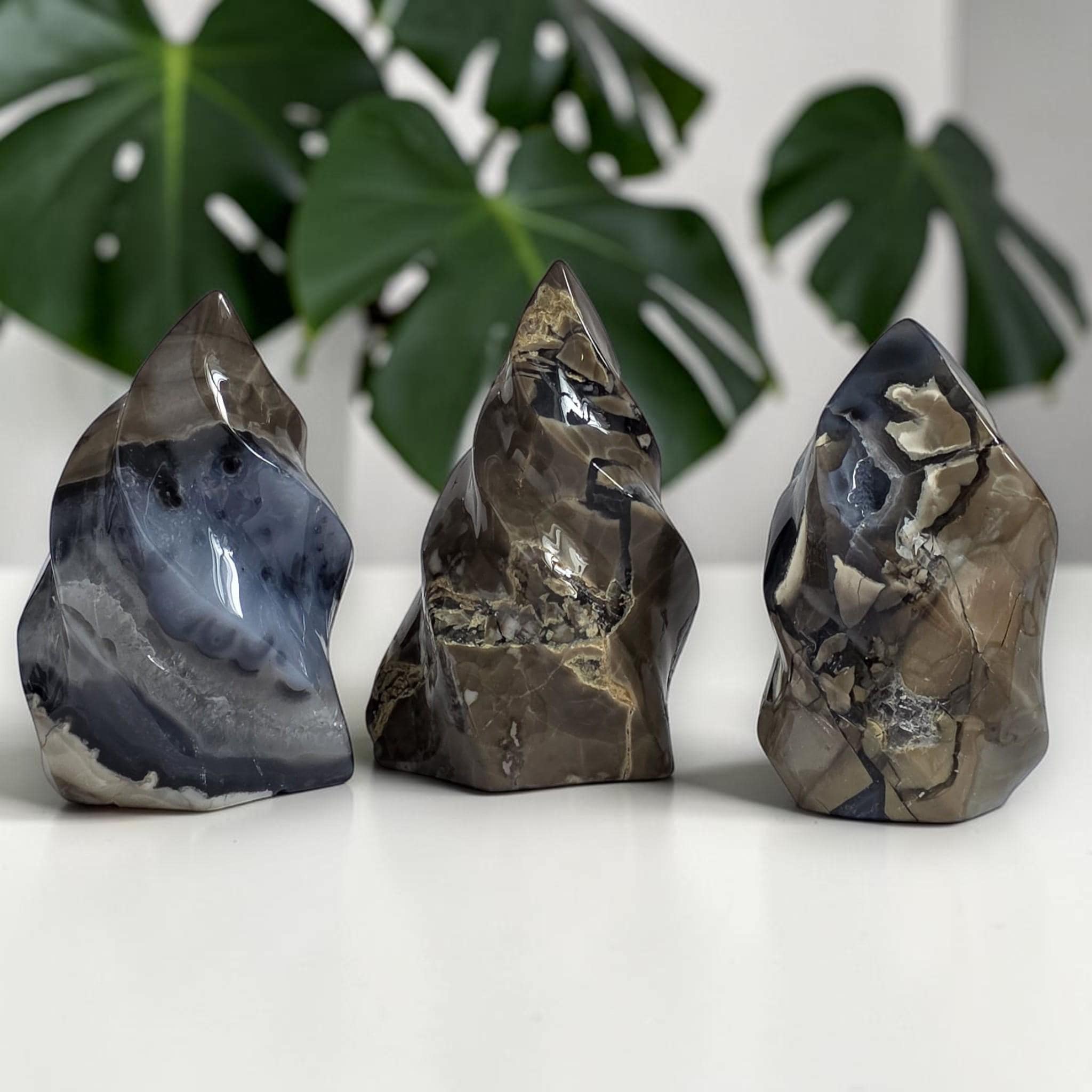 Set of three volcano agate flame druzy decor pieces, dark blue and smoky brown