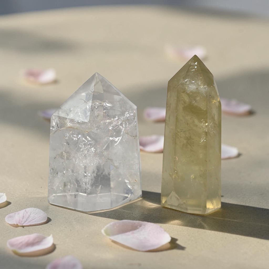Citrine and clear quartz tower set with two faceted crystal points