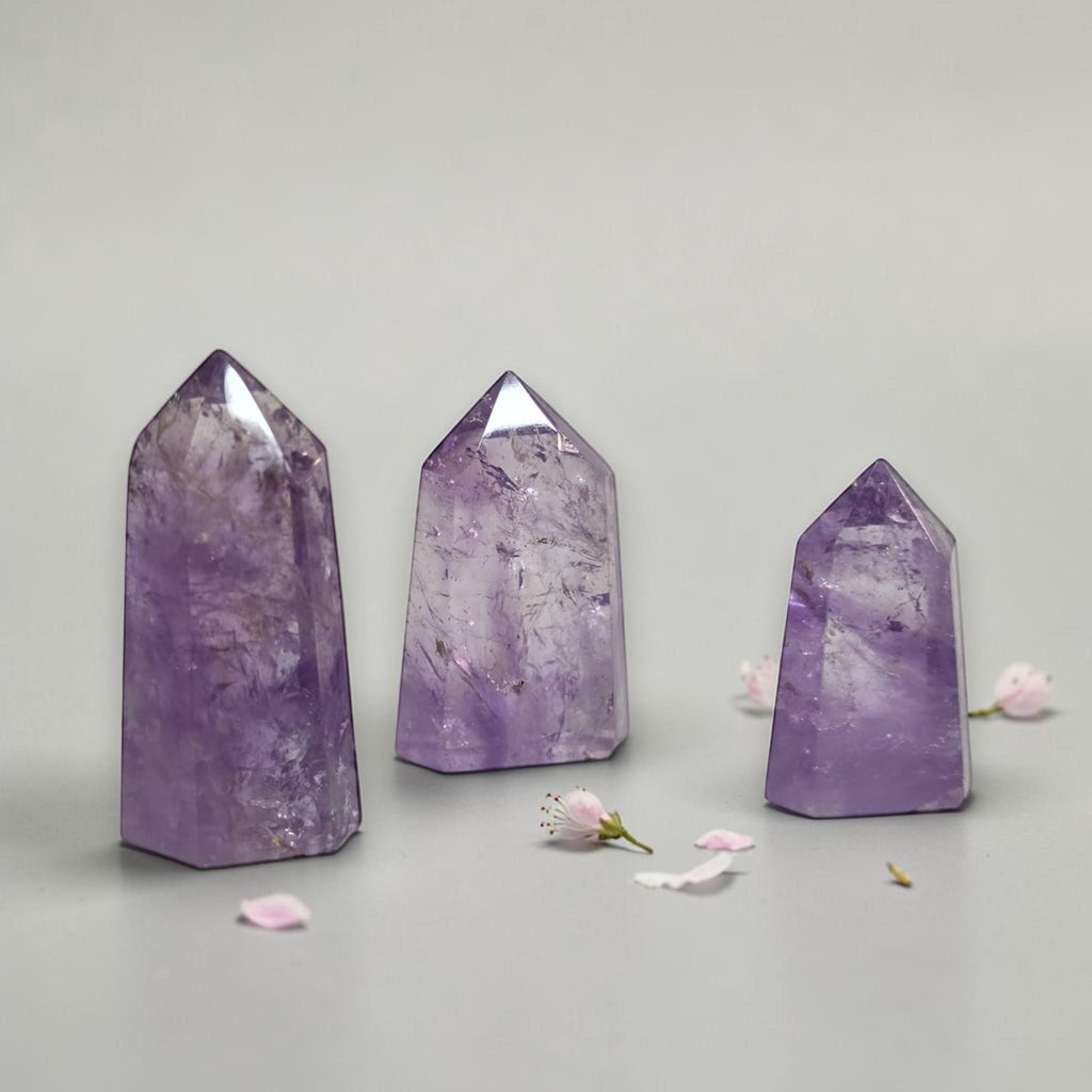 Set of three amethyst quartz point towers, natural purple stones with pointed tops.