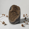 Brown amethyst geode mineral specimen with sparkling druzy quartz and calcite veining