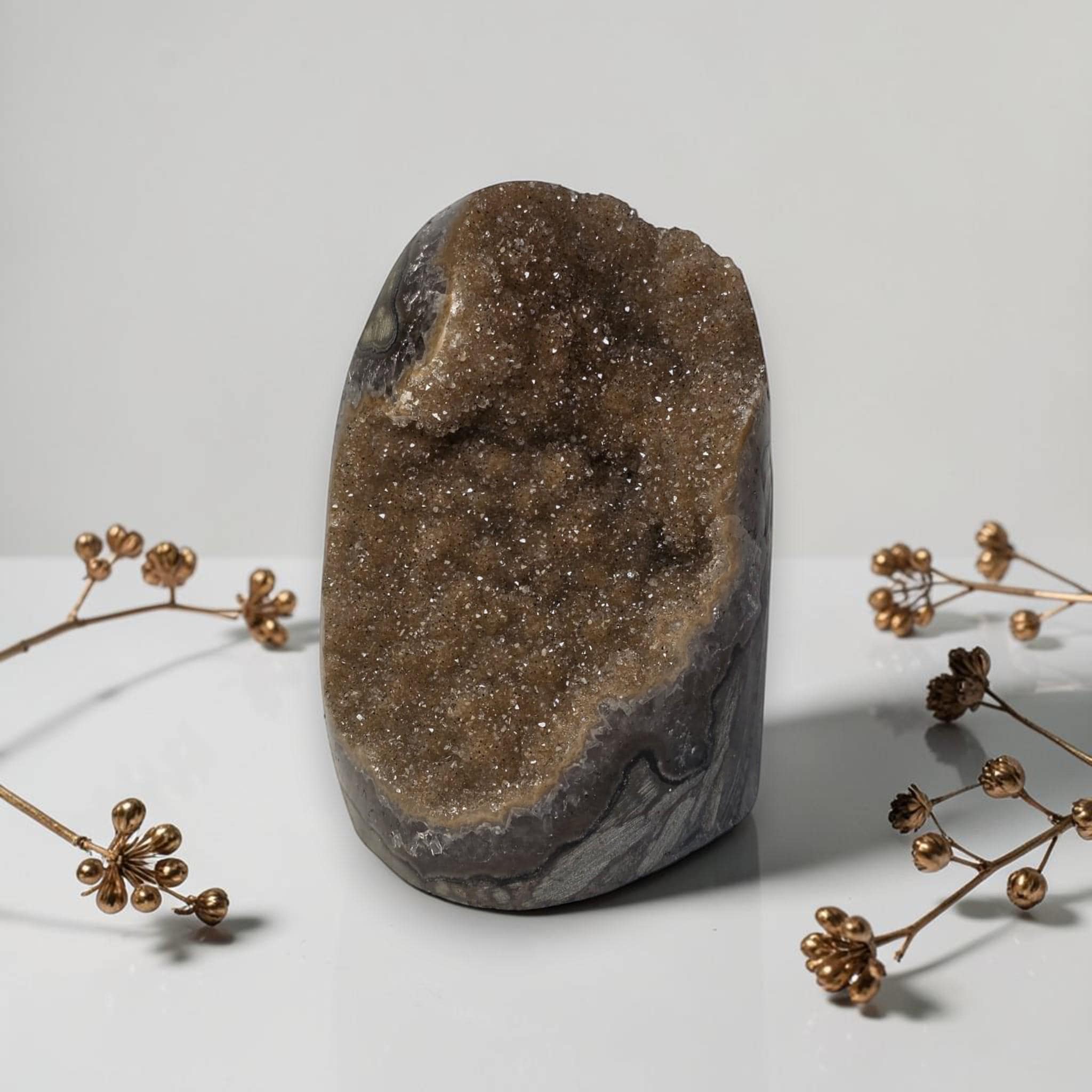 Brown Amethyst Geode with Calcite, Sparkling Druzy Quartz Freeform Mineral Specimen Decor