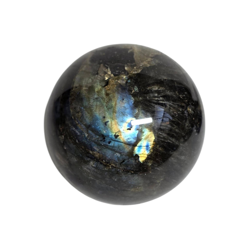 Labradorite crystal sphere, dark stone with strong blue and yellow iridescence