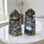 Set of 2 polished ocean jasper obelisk towers with white veining, dark blue-gray and gold