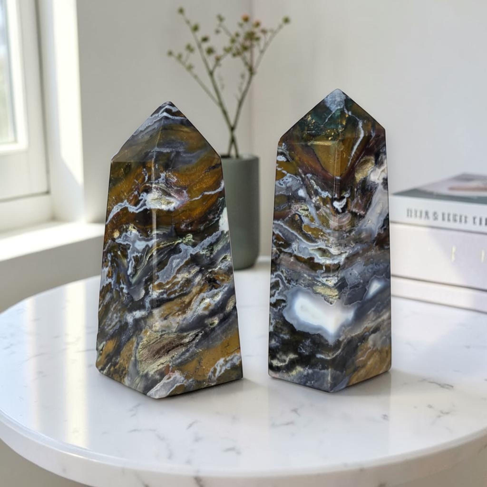 Ocean Jasper Tower, Natural Crystal Obelisks, Polished Stone Home Decor Gift