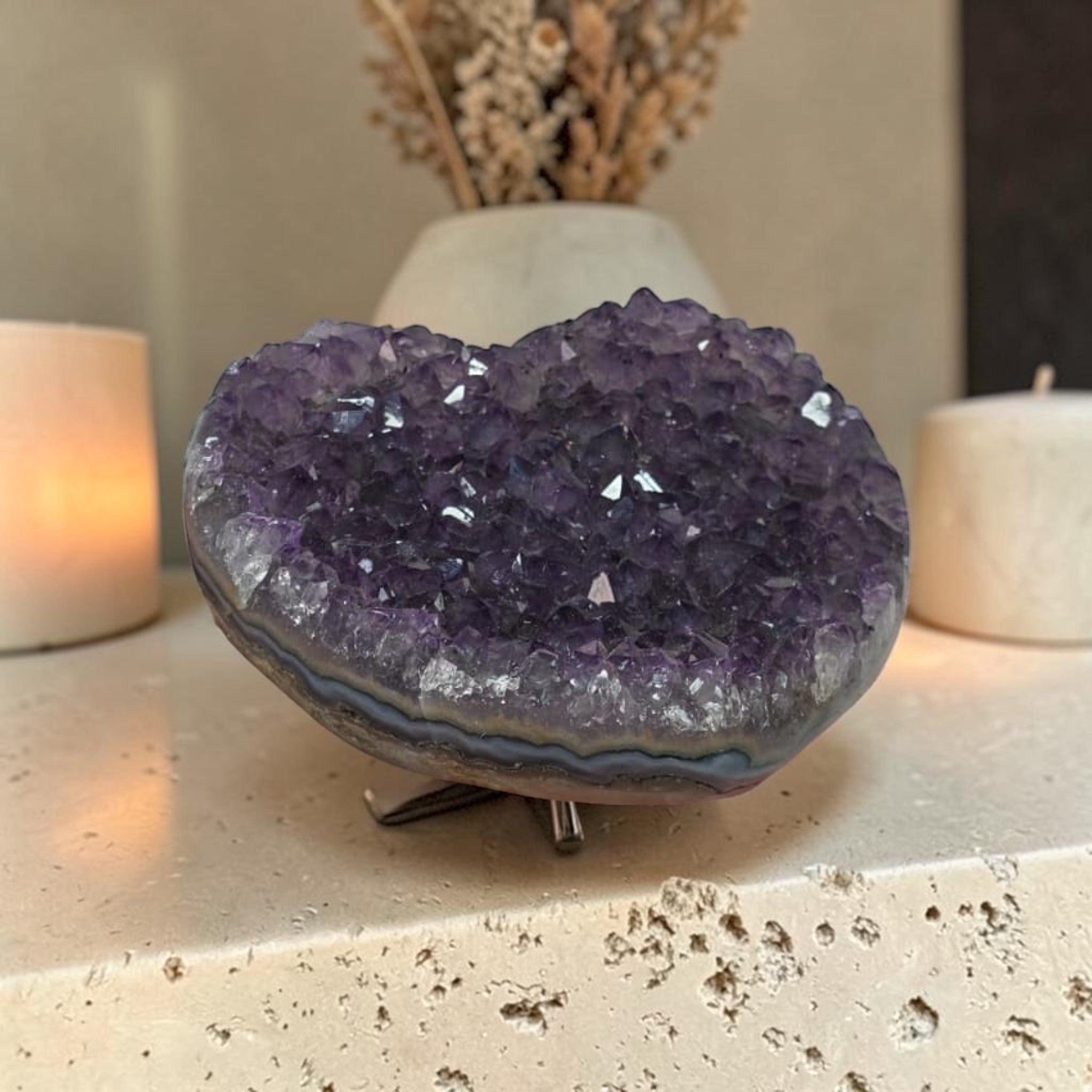 Amethyst Druzy Heart Crystal – Deep Purple Geode Carving, 3.2" Wide