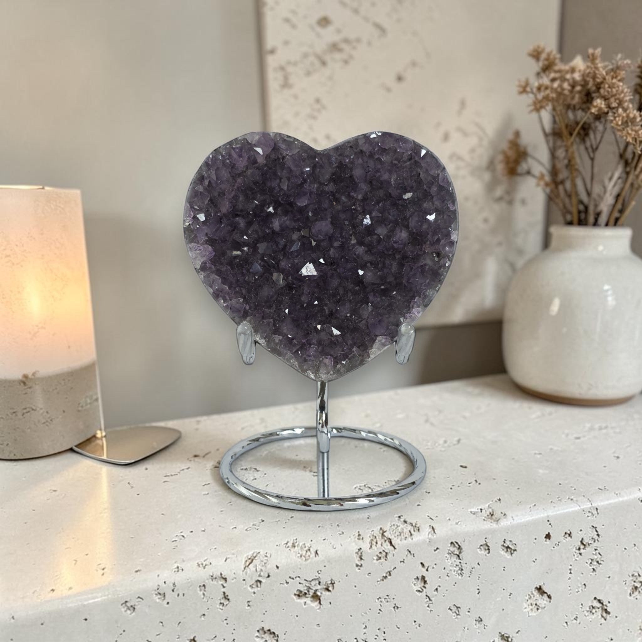 Amethyst Druzy Heart Crystal – Deep Purple Geode Carving, 3.2" Wide