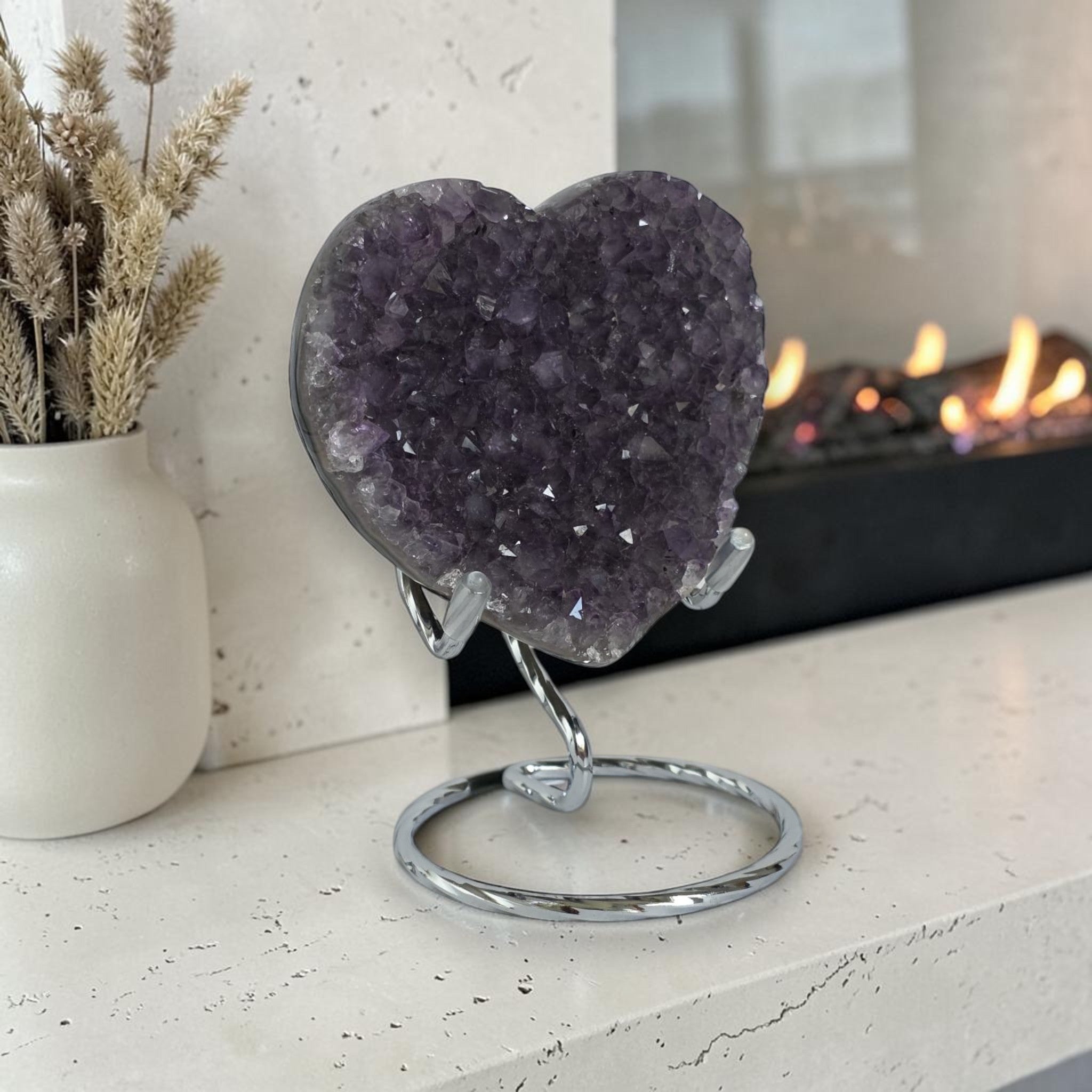Amethyst Druzy Heart Crystal – Deep Purple Geode Carving, 3.2" Wide