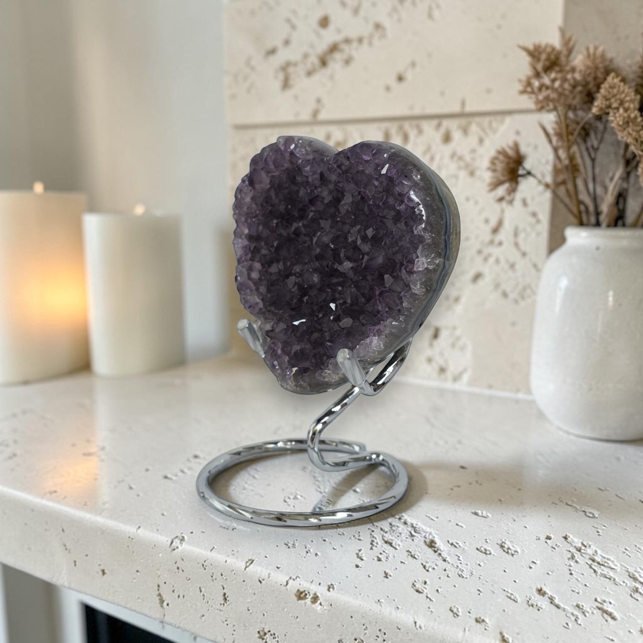 Amethyst Druzy Heart Crystal – Deep Purple Geode Carving, 3.2" Wide