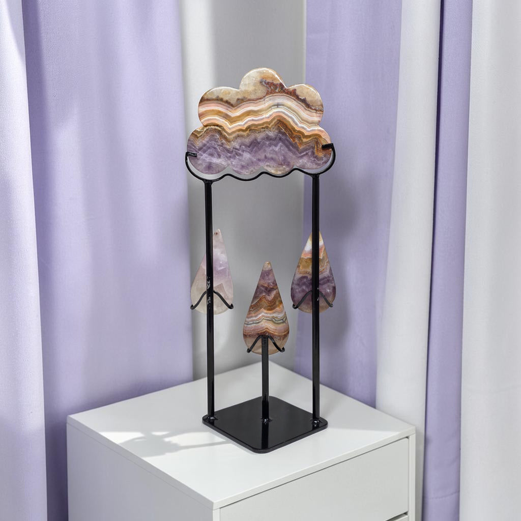 Amethyst lace agate cloud sculpture on stand back display view
