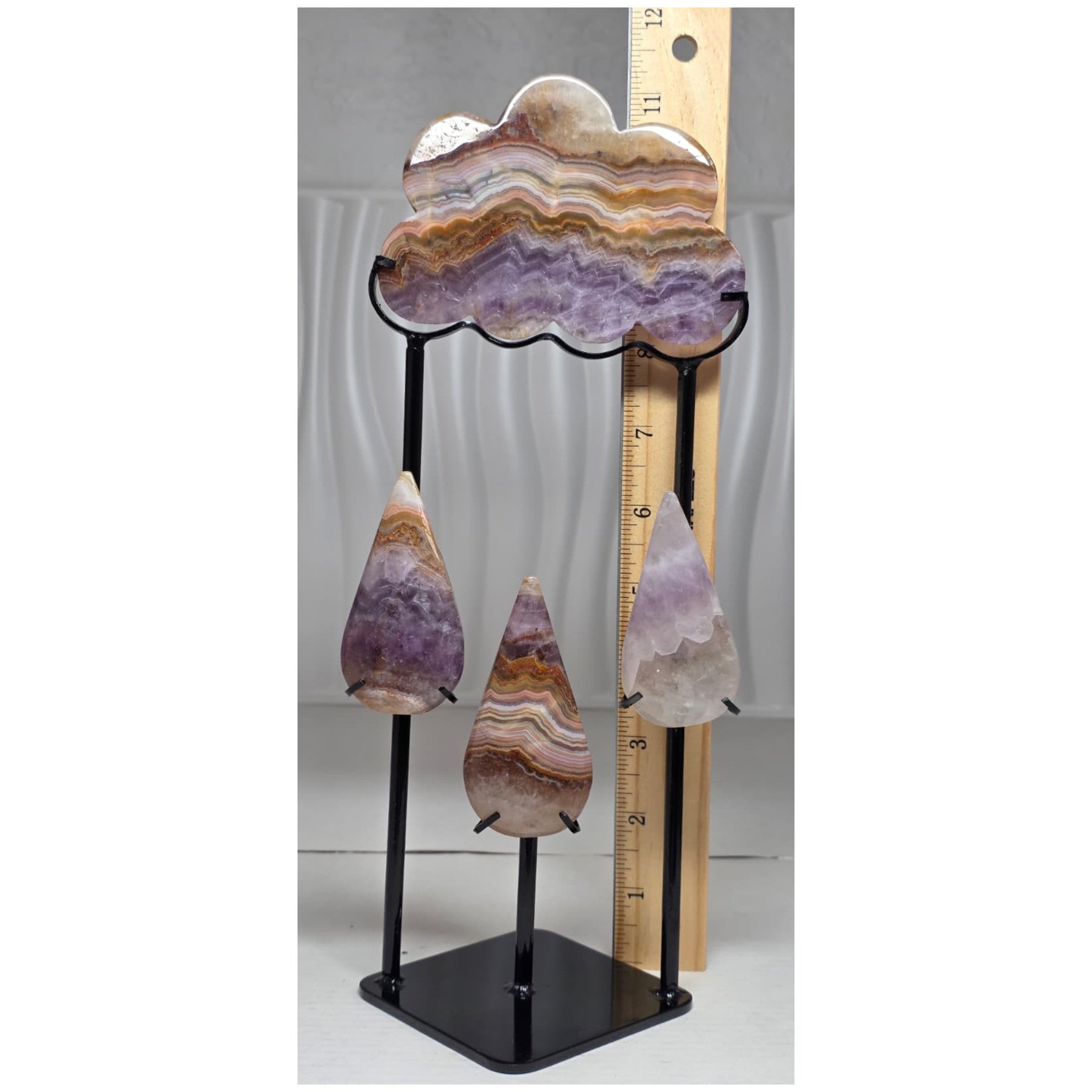 Amethyst lace agate cloud display with ruler showing 11 inch height