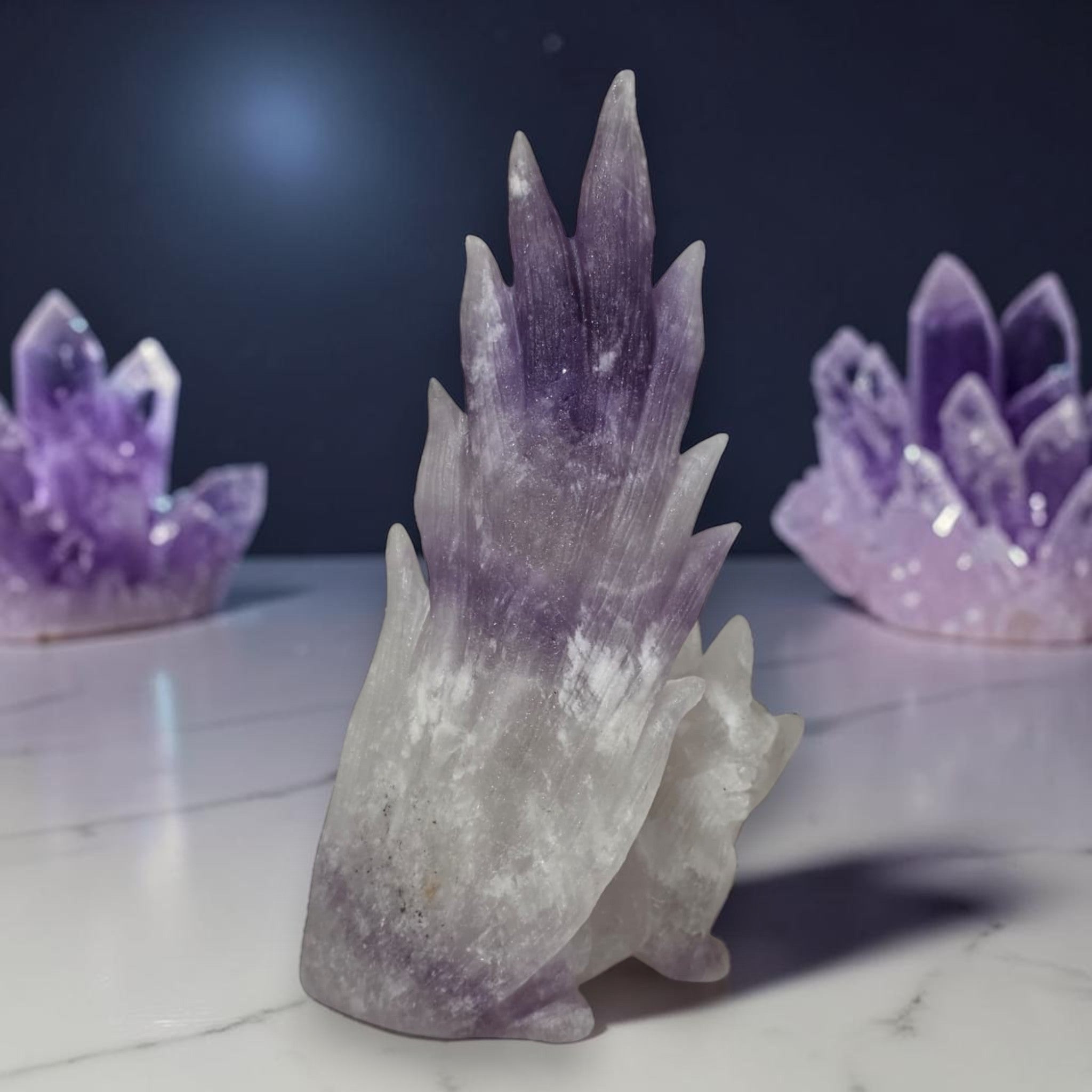 Amethyst nine-tailed fox carving back view showing tail detail