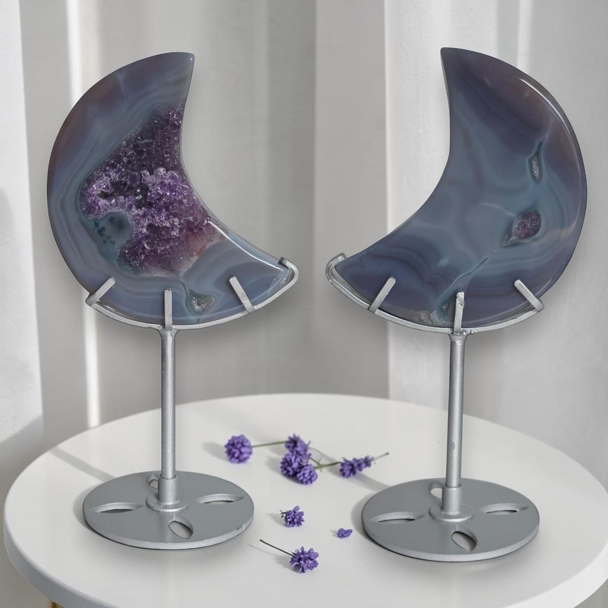 Blue Agate Moon Druzy Geode Crystal Decor