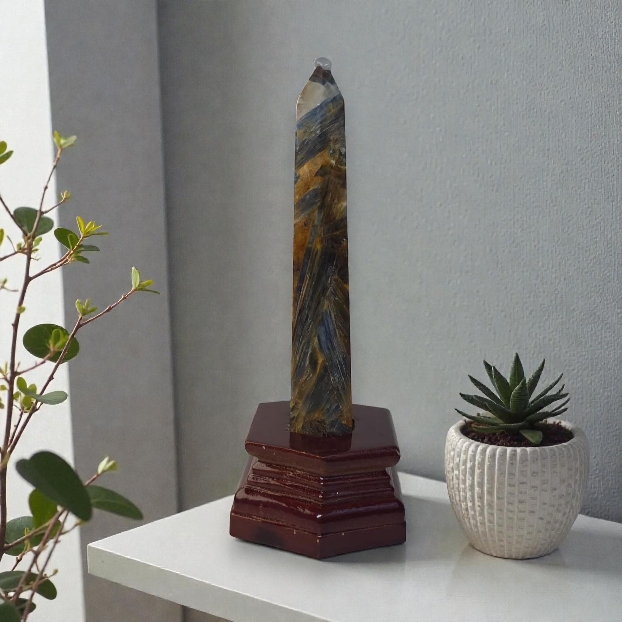 Natural Blue Kyanite Crystal Tower with Stand Slim Obelisk Point Healing Stone Decor